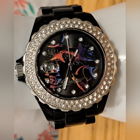 Vintage Y2K Ed Hardy Black & Bling Watch Wristwatch Jewelry w/ Neon Colors - Picture 2 of 5